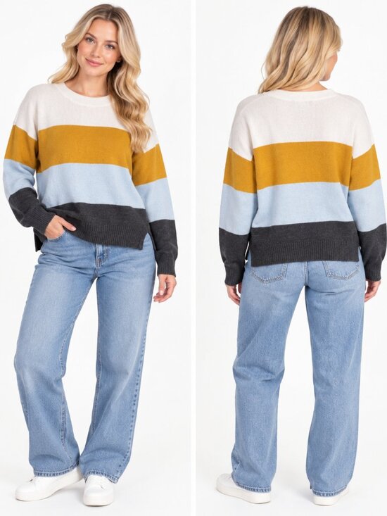French Connection Sweaters - French Connection Colorblock Striped Crewneck Sweater Women’s S Retro Cozy Knit